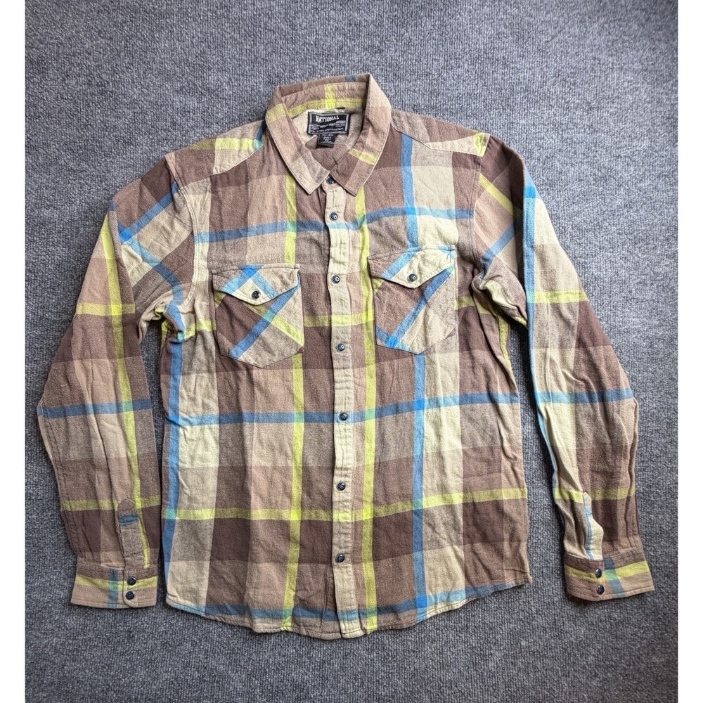 National Outfitters Mens Medium Plaid‎ Flannel Button Up Snap Pearl Shirt Cotton